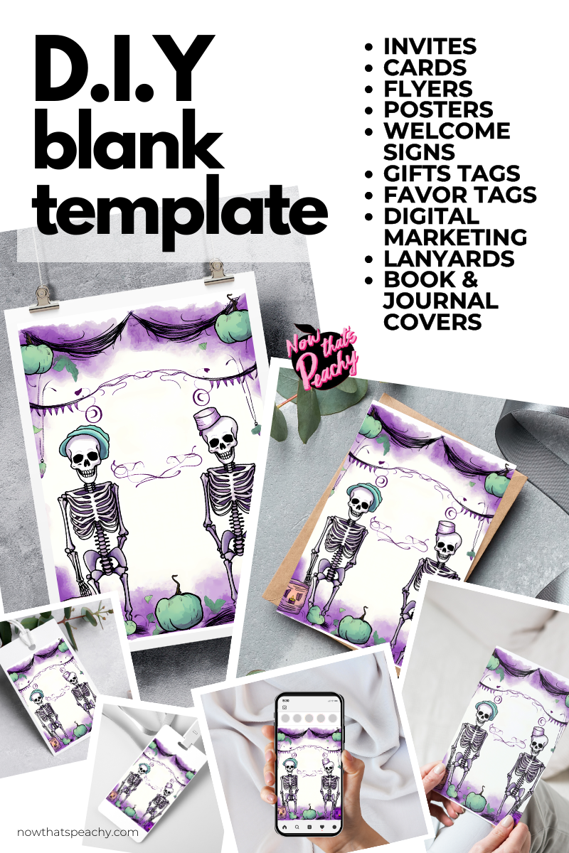 Blank invitation flyer poster Halloween decor watercolor skeleton couple design diy printable template