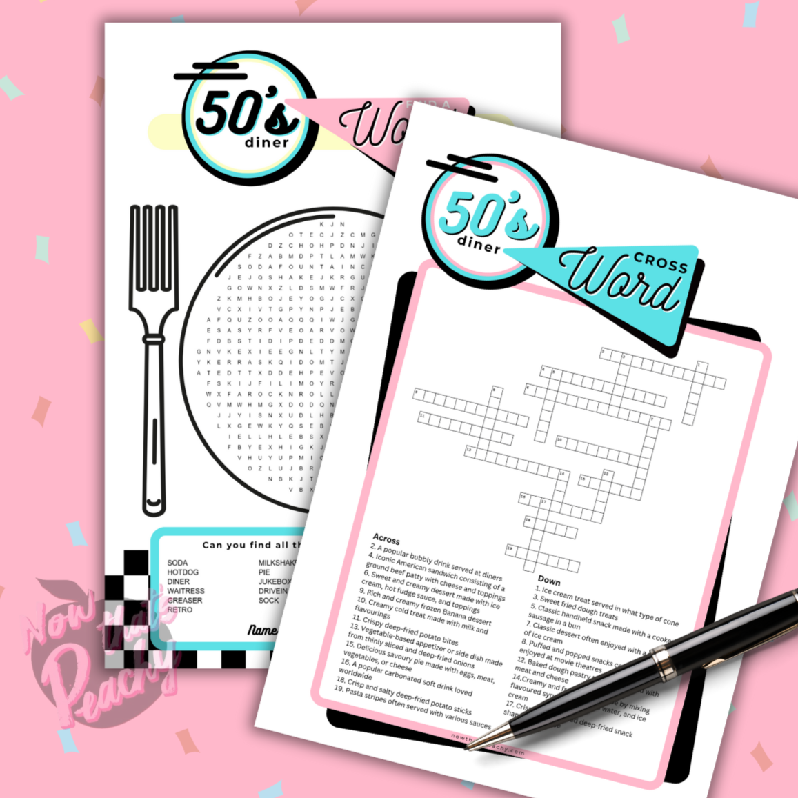 DINER themed 1950's find a word crossword Game Party PRINTABLE pack, Rock'n'roll Sock Hop Retro 50s Birthday fifties Soda hop instant digital download quiz birthday kids teen adult all ages print off at home fun easy cheap Jukebox activity games