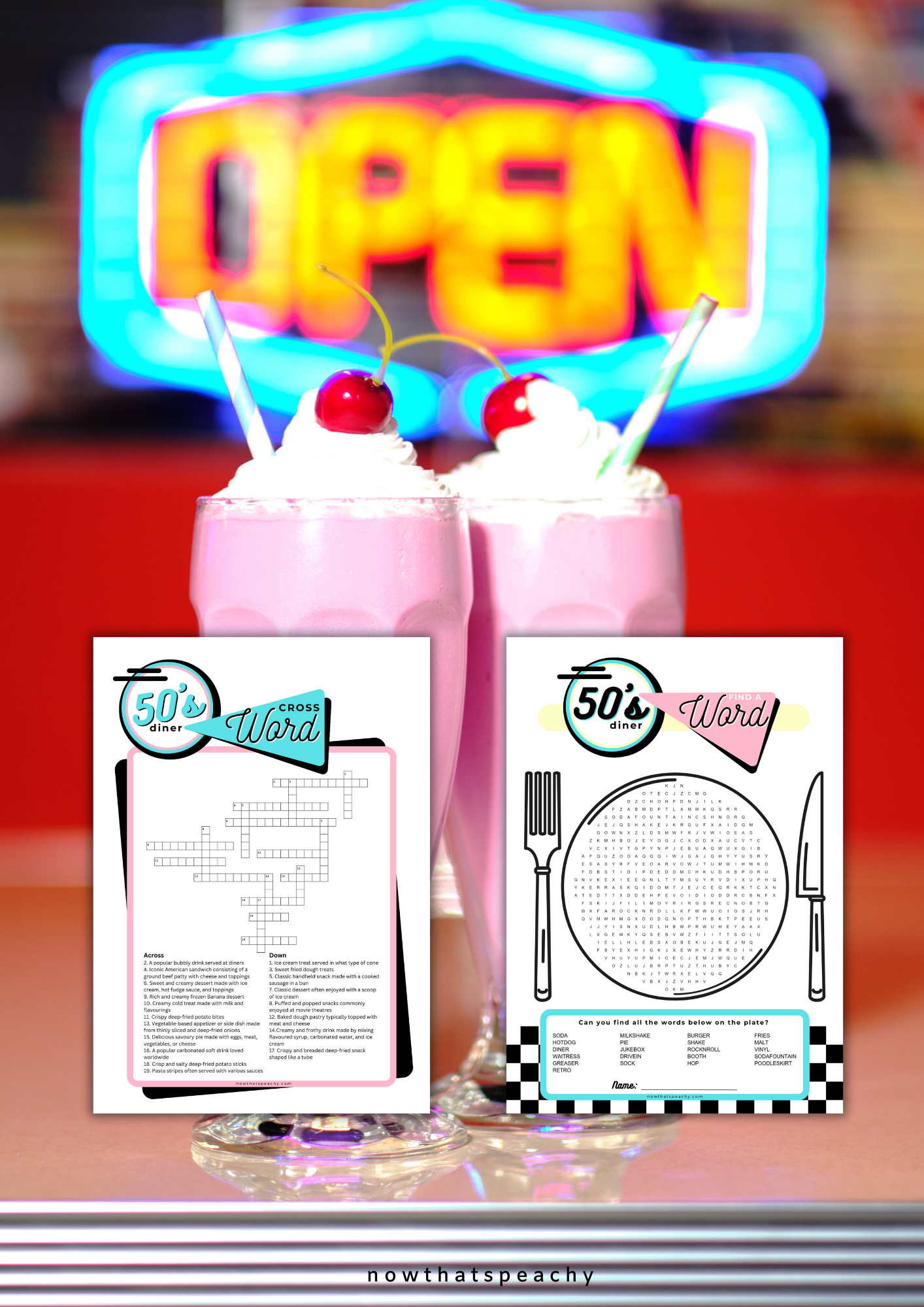 DINER themed 1950's find a word crossword Game Party PRINTABLE pack, Rock'n'roll Sock Hop Retro 50s Birthday fifties Soda hop instant digital download quiz birthday kids teen adult all ages print off at home fun easy cheap Jukebox activity games