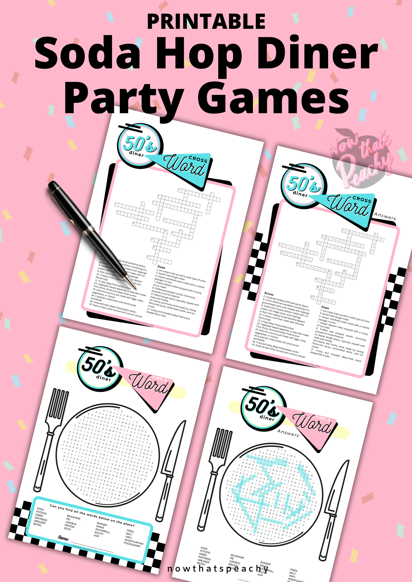 DINER themed 1950's find a word crossword Game Party PRINTABLE pack, Rock'n'roll Sock Hop Retro 50s Birthday fifties Soda hop instant digital download quiz birthday kids teen adult all ages print off at home fun easy cheap Jukebox activity games