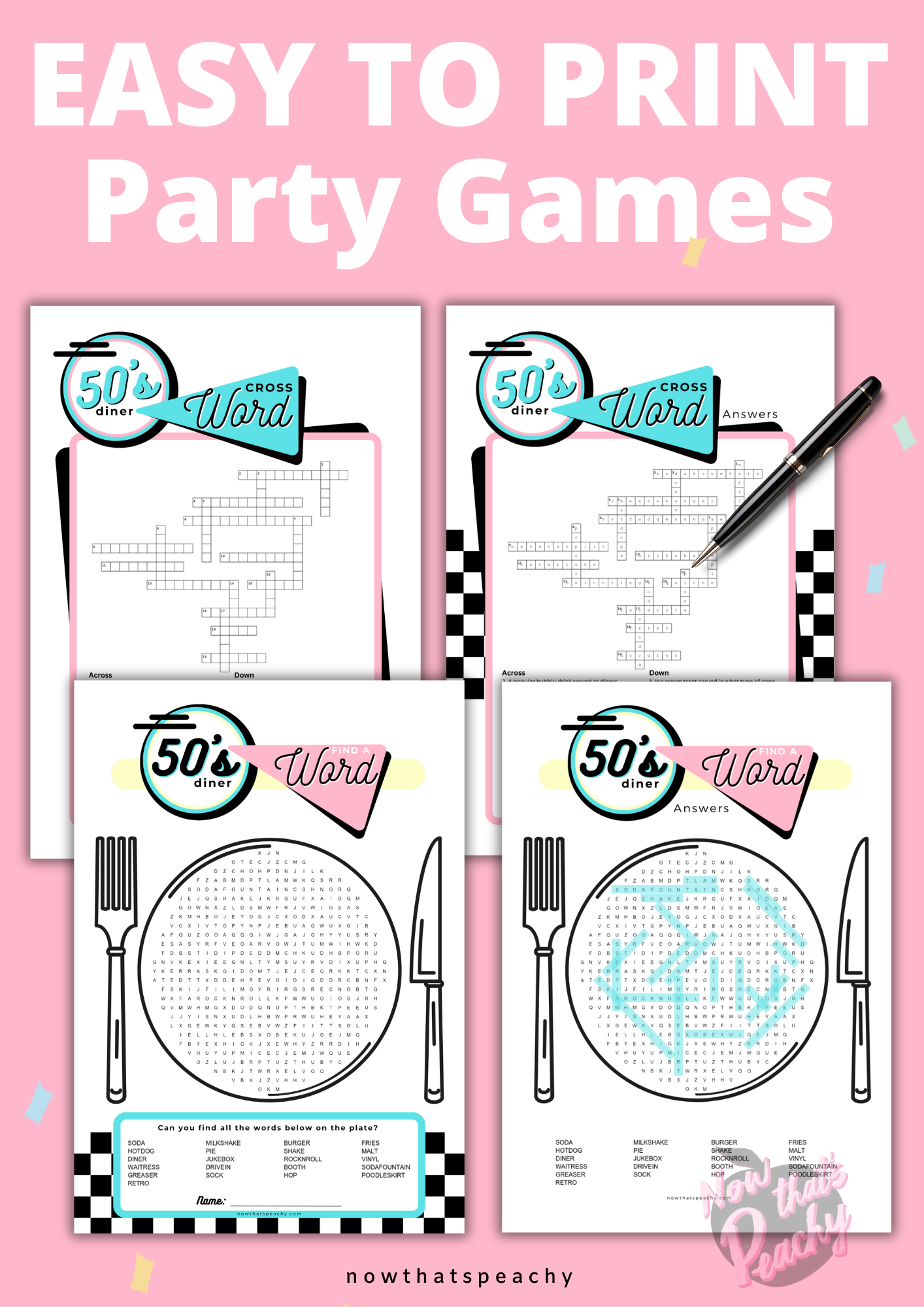 DINER themed 1950's find a word crossword Game Party PRINTABLE pack, Rock'n'roll Sock Hop Retro 50s Birthday fifties Soda hop instant digital download quiz birthday kids teen adult all ages print off at home fun easy cheap Jukebox activity games