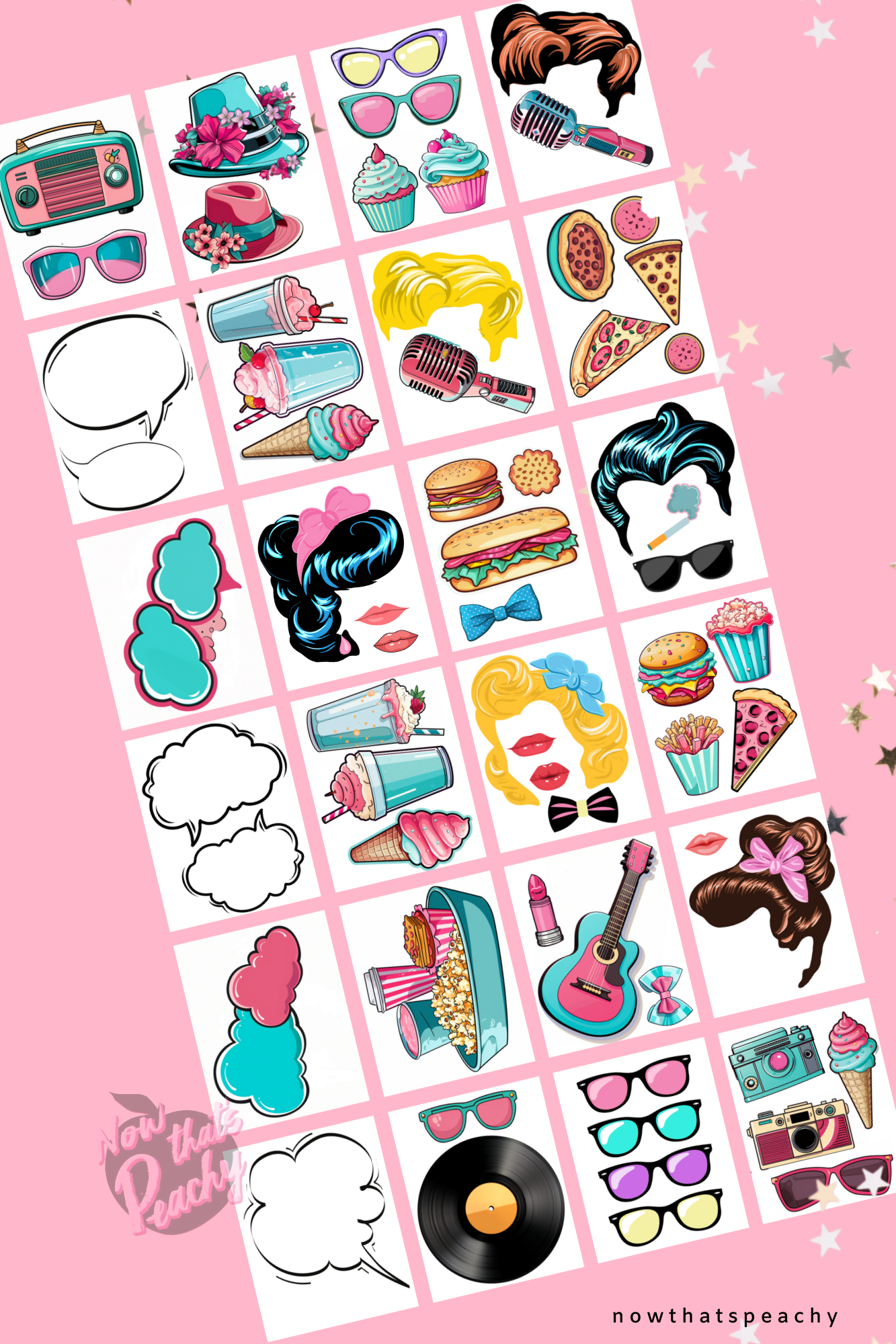 1950s-diner-photo-booth-printables-party-props-sock-hop-themed-diy-now-that-s-peachy for 50s Photo Booth Props Printable Free 1950s Diner Photo booth PRINTABLES Party Props Sock Hop themed DIY – Now That's Peachy for 50s Photo Booth Props Printable Free