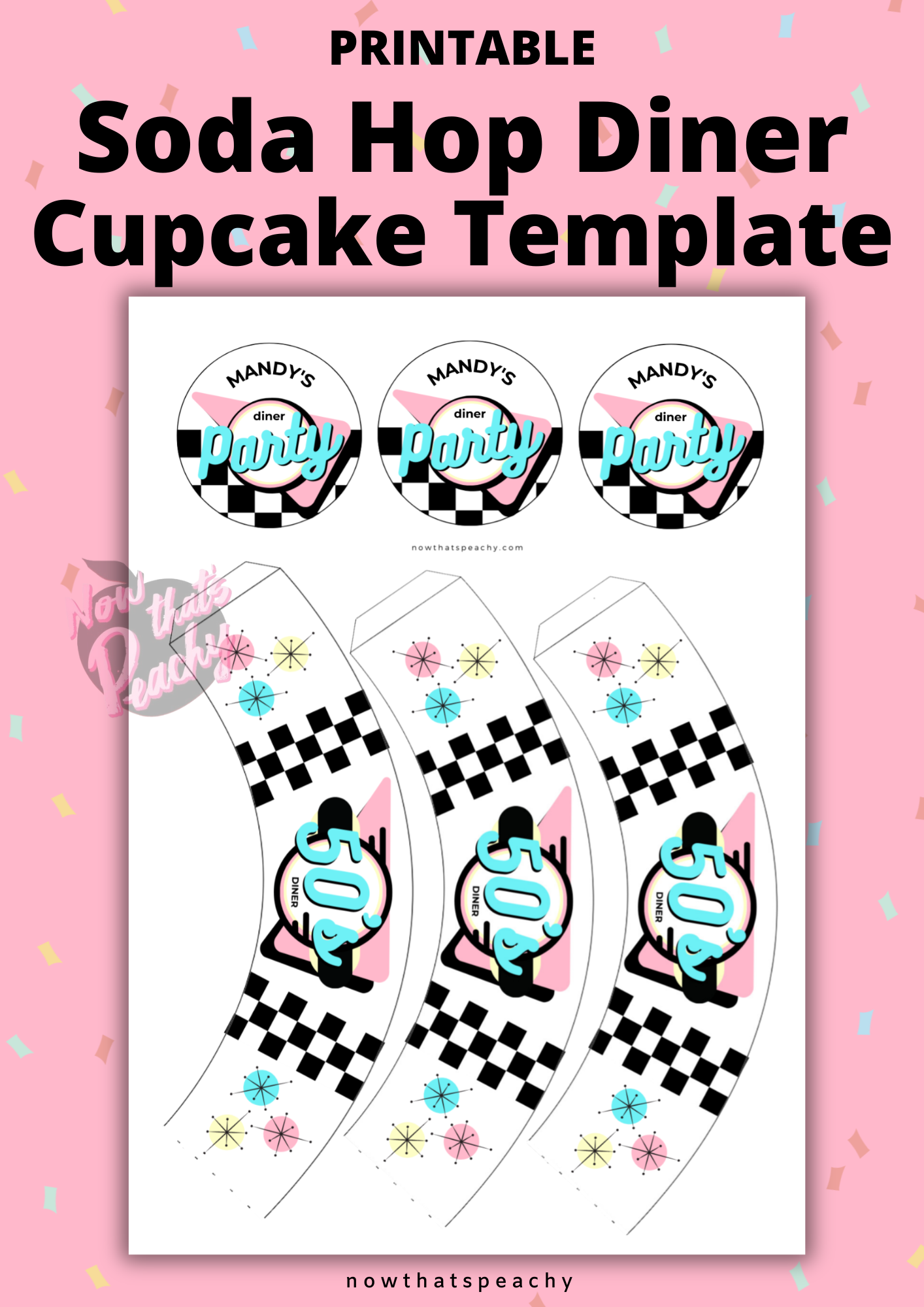 Custom DINER 50's Cupcake Wrapper Topper Party PRINTABLE, Rock'n'roll Sock Hop Retro 1950s Birthday editable decorations Personalized Name