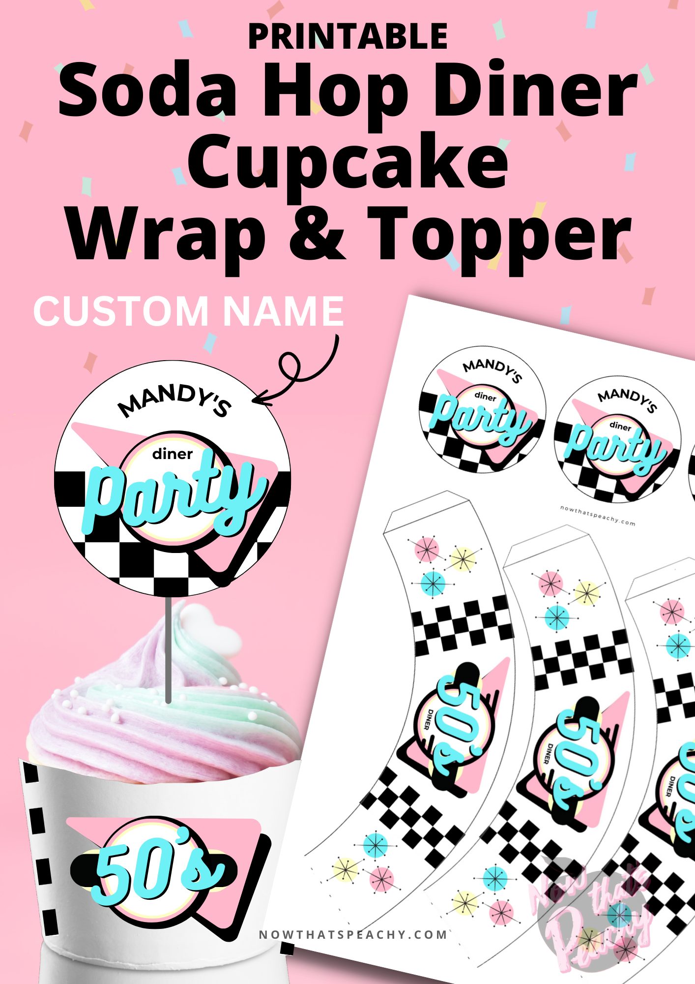 Custom DINER 50's Cupcake Wrapper Topper Party PRINTABLE, Rock'n'roll Sock Hop Retro 1950s Birthday editable decorations Personalized Name