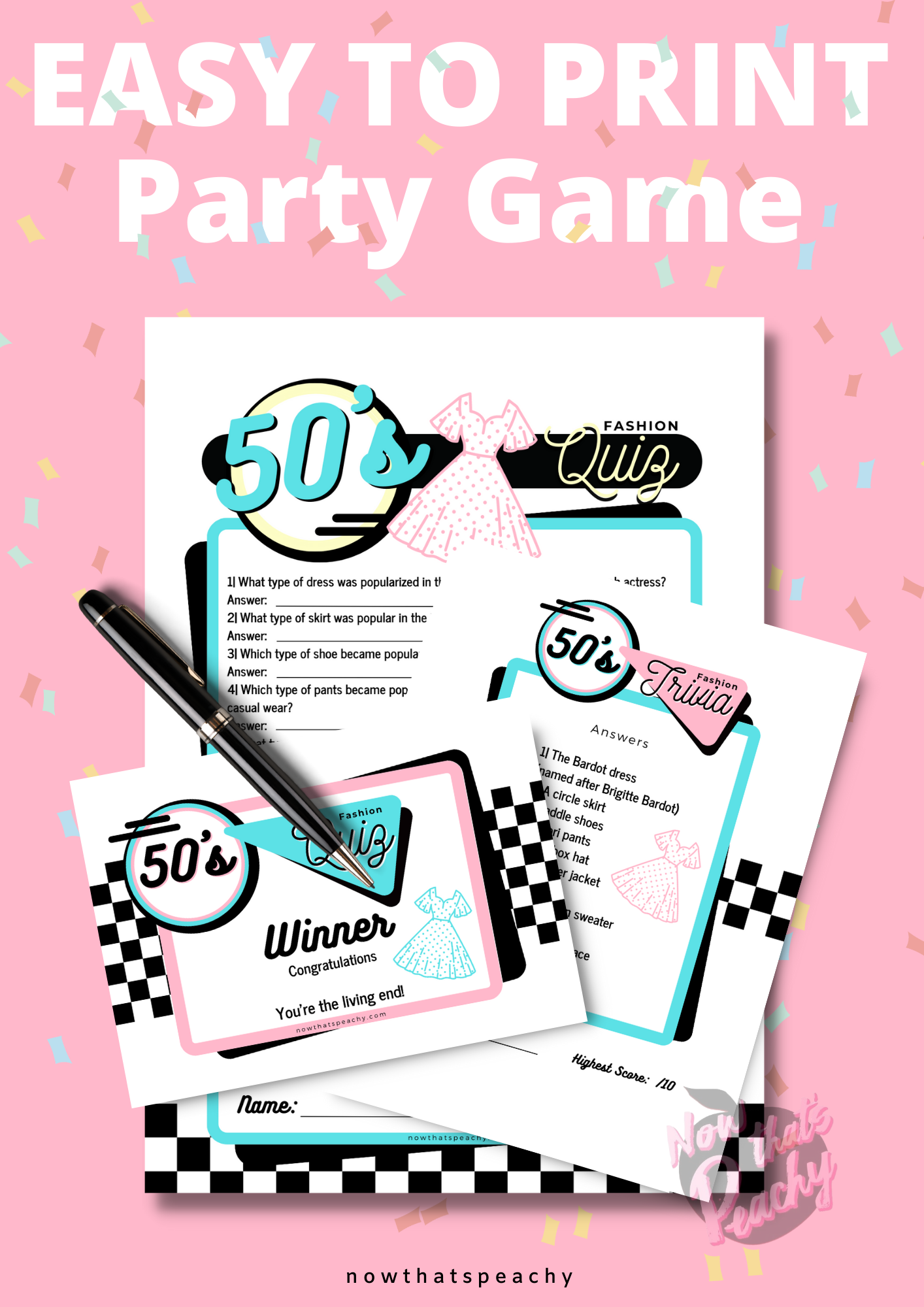 1950s fashion quiz trivia question game printable fifties diner sock hop rocknroll grease themed birthday party instant digital download print off diy fun easy nowthatspeachy 