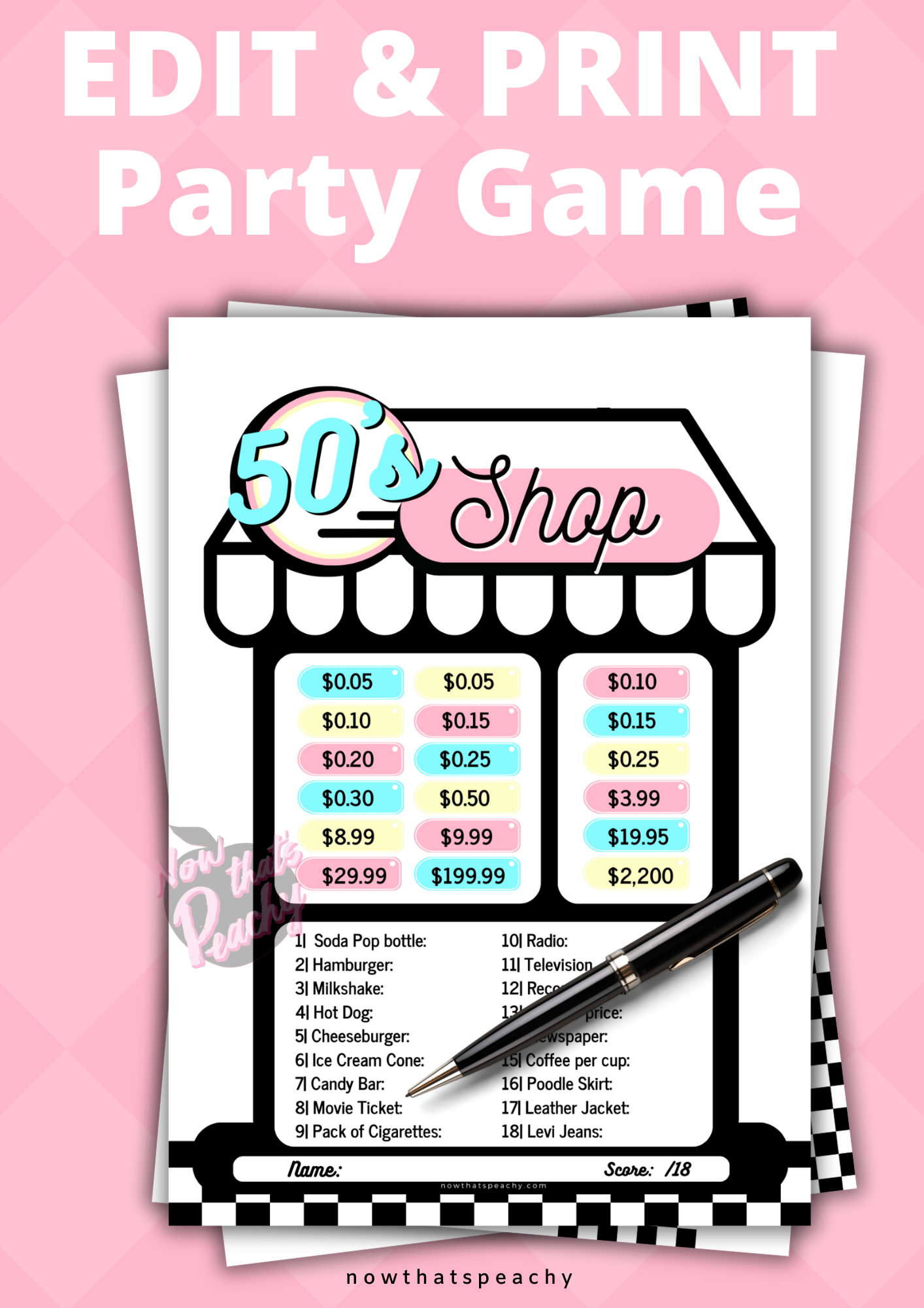 DINER 1950's Shop Price Guessing Game Party PRINTABLE, Rock'n'roll Sock Hop Retro 50s Birthday fifties Soda hop shoppe instant digital download price is right birthday kids teen adult all ages print off at home fun easy cheap games