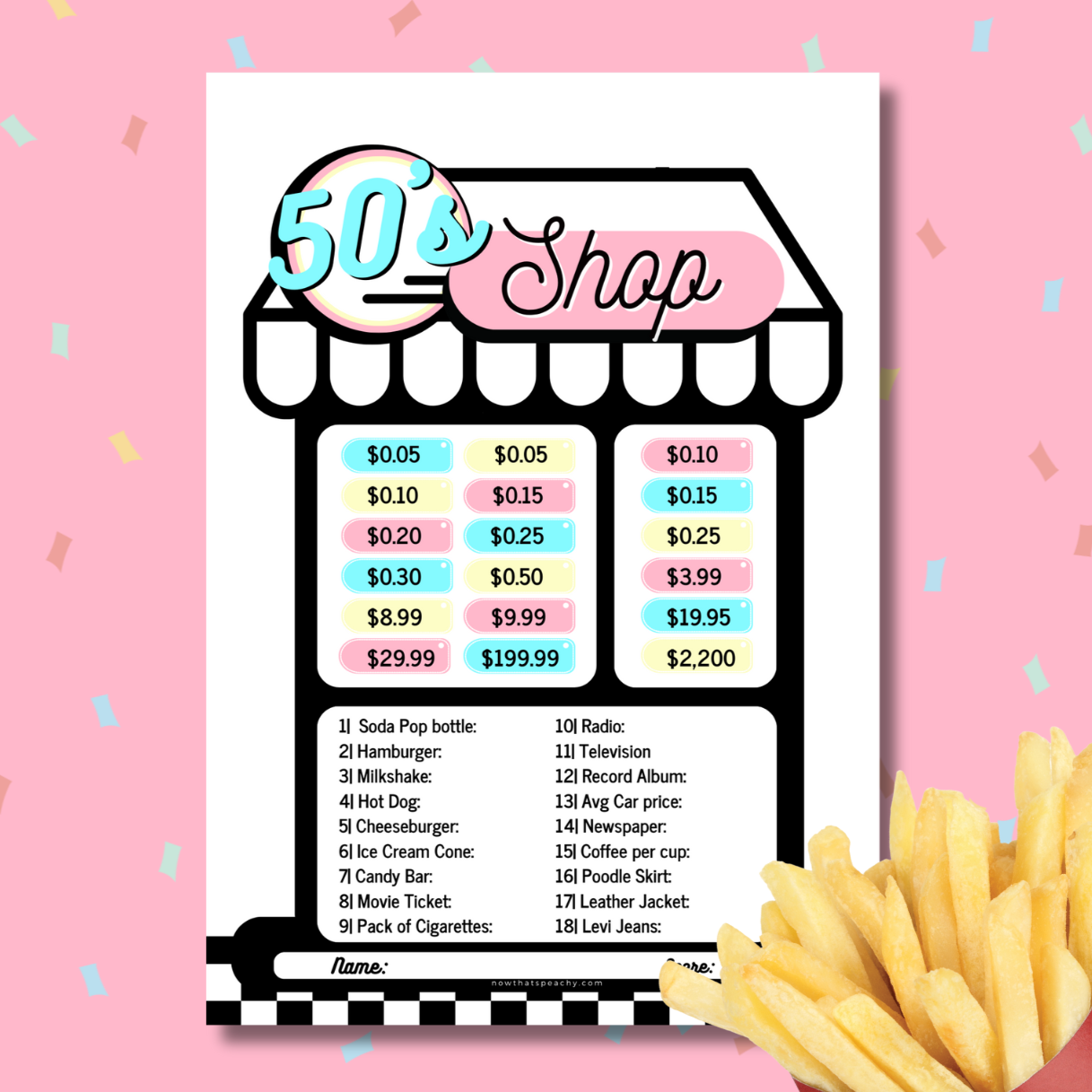 DINER 1950's Shop Price Guessing Game Party PRINTABLE, Rock'n'roll Sock Hop Retro 50s Birthday fifties Soda hop shoppe instant digital download price is right birthday kids teen adult all ages print off at home fun easy cheap games