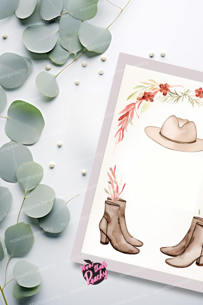 Boho Western Chic Boots Hat Watercolor Template Blank Page Border Frame DIY