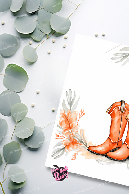 Rust Orange Western Boots Watercolor Template Blank Page Border Frame Invite DIY