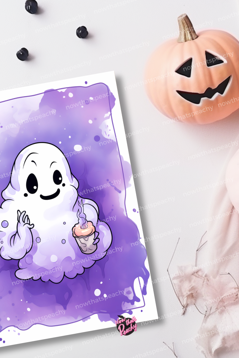 Watercolor Cute Ghost Invite Blank Template Printable Halloween DIY Kawaii Wall Art, Custom Greeting Card