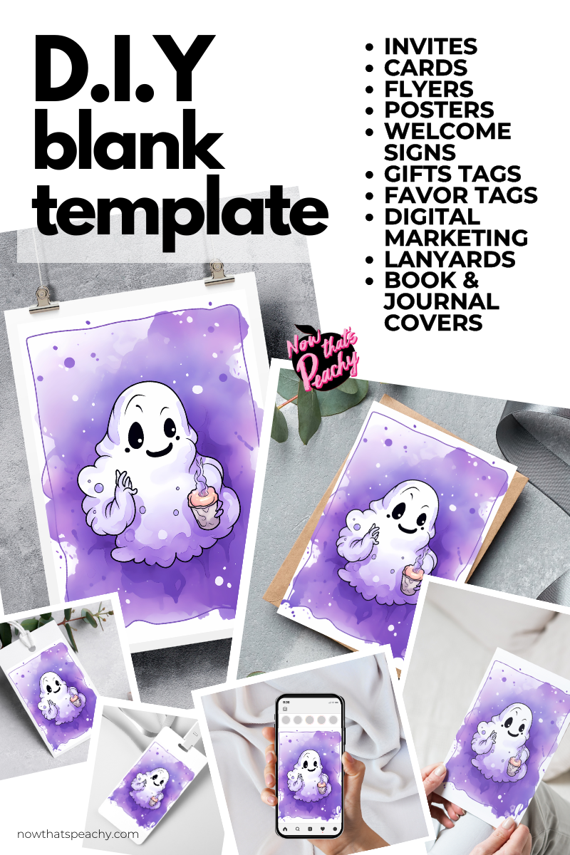 Watercolor Cute Ghost Invite Blank Template Printable Halloween DIY Kawaii Wall Art, Custom Greeting Card