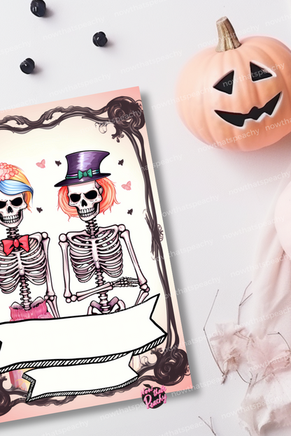 Skeleton Couple Invite Blank Template Printable Halloween DIY Tattoo Wall Art, Custom Greeting Card