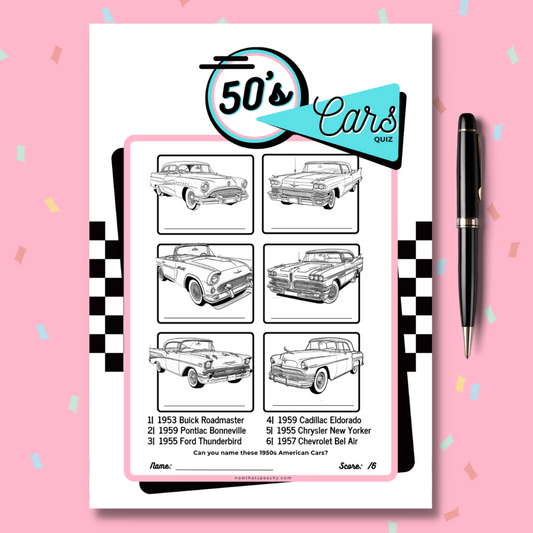 Diner Party 1950s classic american car drawing name matching card decorations guessing game printable instant downloas for fifties sock hop soda shoppe pop 1950s themed parties drawing fun easy cheap fast game 