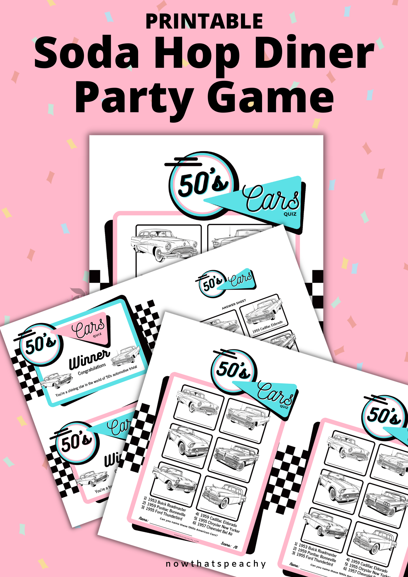 Diner Party 1950s classic american car drawing name matching card decorations guessing game printable instant downloas for fifties sock hop soda shoppe pop 1950s themed parties drawing fun easy cheap fast game 