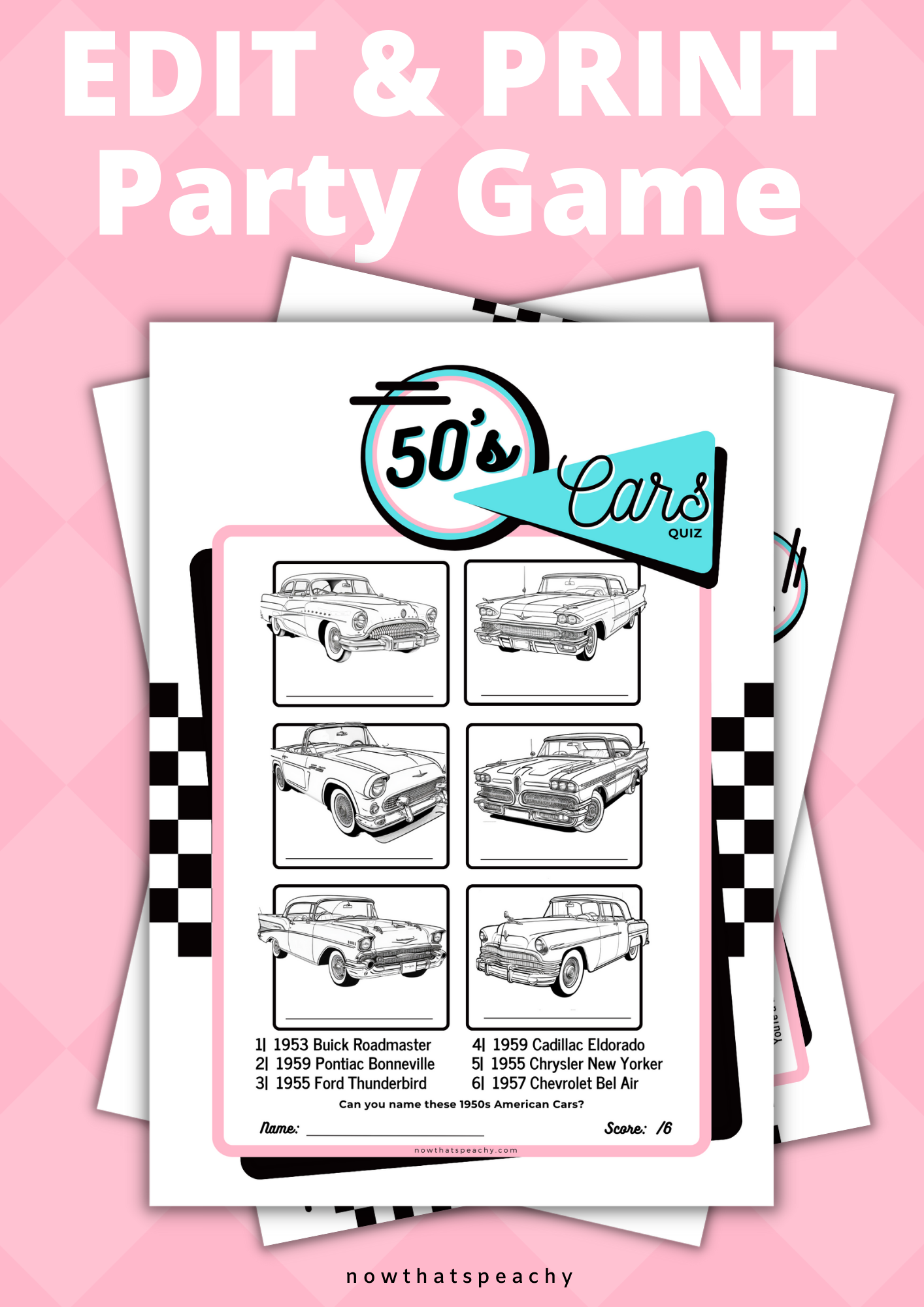 Diner Party 1950s classic american car drawing name matching card decorations guessing game printable instant downloas for fifties sock hop soda shoppe pop 1950s themed parties drawing fun easy cheap fast game 