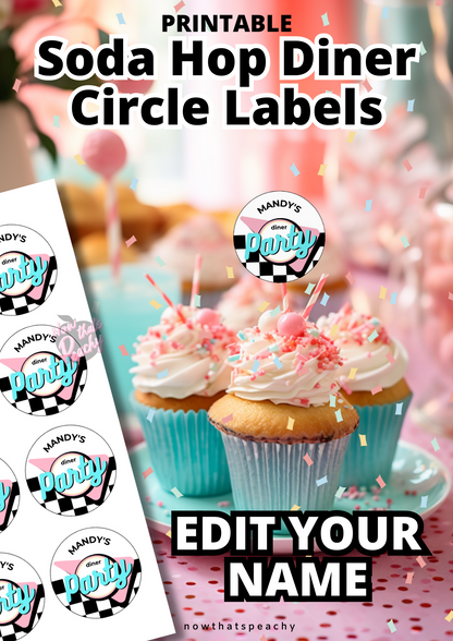 DINER Custom Name Favor Labels PRINTABLE Template, Rock'n'roll Sock hop Party Retro 50s Birthday Stickers, vintage cupcake topper png svg