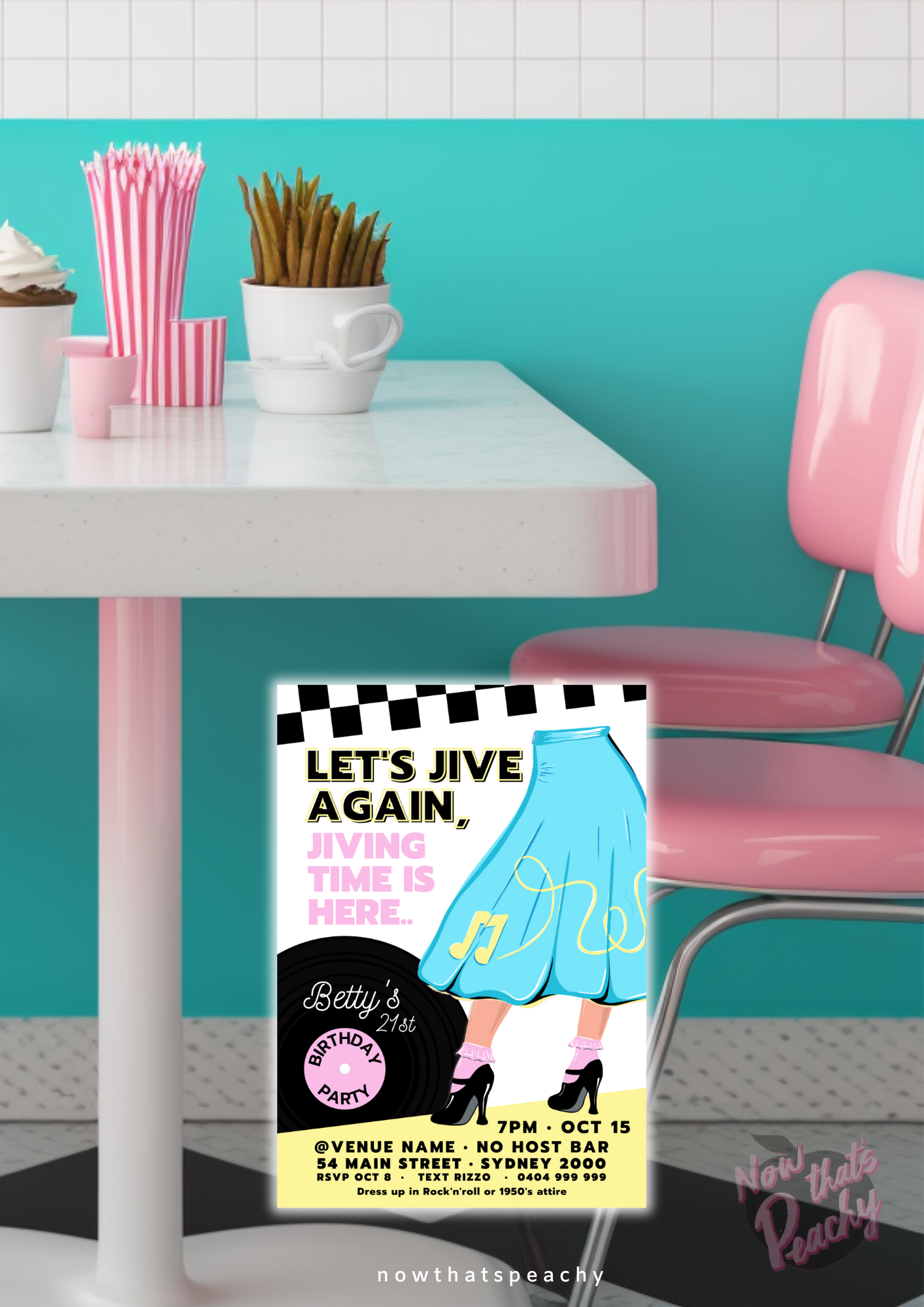 Custom Diner INVITE Rock&#39;n&#39;roll poodle skirt design PRINTABLE Sock Hop Birthday Party Invitation Instant Digital Download, Fifties Jukebox swing 1950s Soda Pop Rock Theme, Edit CANVA