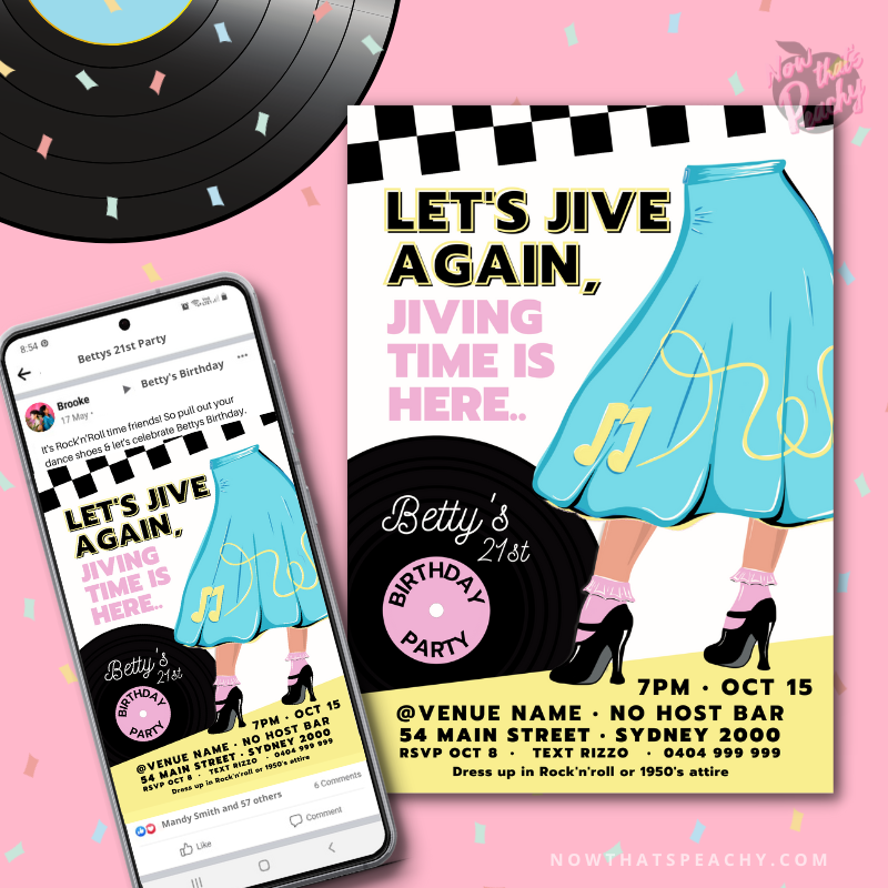 Custom Diner INVITE Rock&#39;n&#39;roll poodle skirt design PRINTABLE Sock Hop Birthday Party Invitation Instant Digital Download, Fifties Jukebox swing 1950s Soda Pop Rock Theme, Edit CANVA