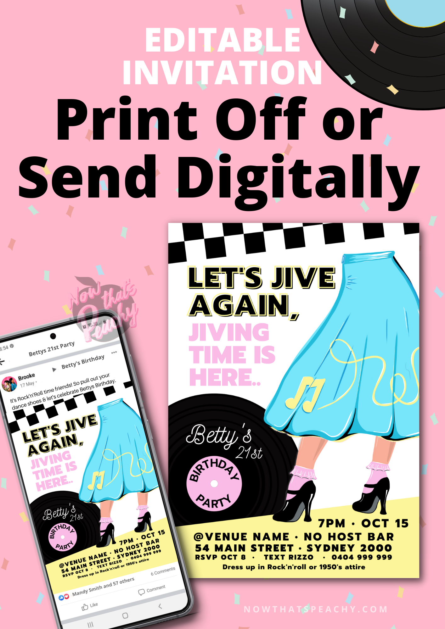 Custom Diner INVITE Rock&#39;n&#39;roll poodle skirt design PRINTABLE Sock Hop Birthday Party Invitation Instant Digital Download, Fifties Jukebox swing 1950s Soda Pop Rock Theme, Edit CANVA