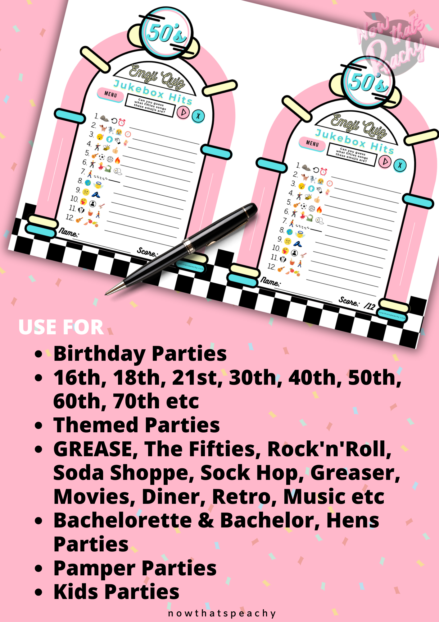 Emoji DINER 1950's Music Song Guessing Game Party PRINTABLE, Rock'n'roll Sock Hop Retro 50s Birthday fifties Soda hop instant digital download quiz birthday kids teen adult all ages print off at home fun easy cheap Jukebox hits games