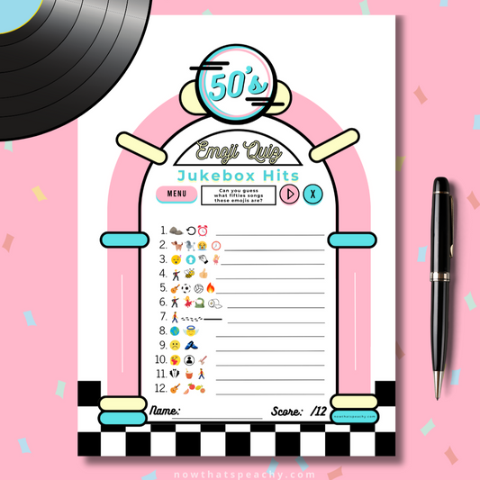 Emoji DINER 1950's Music Song Guessing Game Party PRINTABLE, Rock'n'roll Sock Hop Retro 50s Birthday fifties Soda hop instant digital download quiz birthday kids teen adult all ages print off at home fun easy cheap Jukebox games