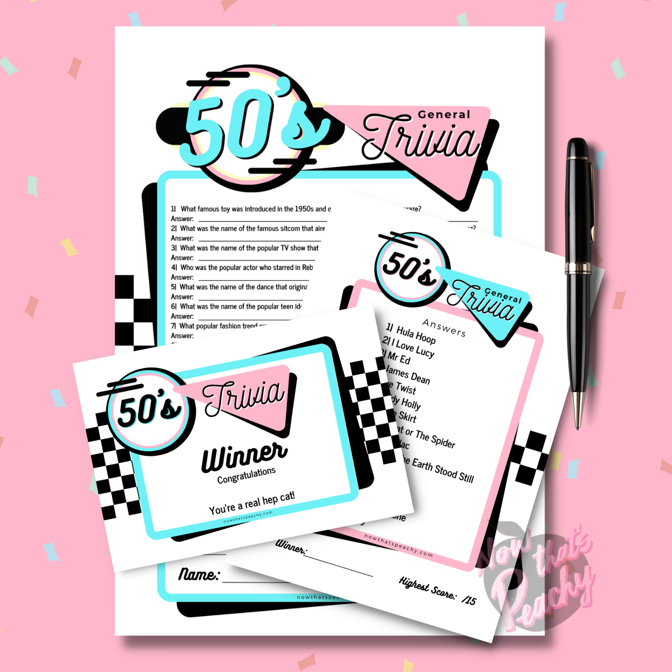 General 1950s Trivia Quiz printable party game, instant digital download sock hop soda diner rocknroll rockabilly fifties themed parties events. fun easy. retro pink aqua blue nostalgic design style vibe, all round general questions answers awards to print off and play nowthatspeachy 