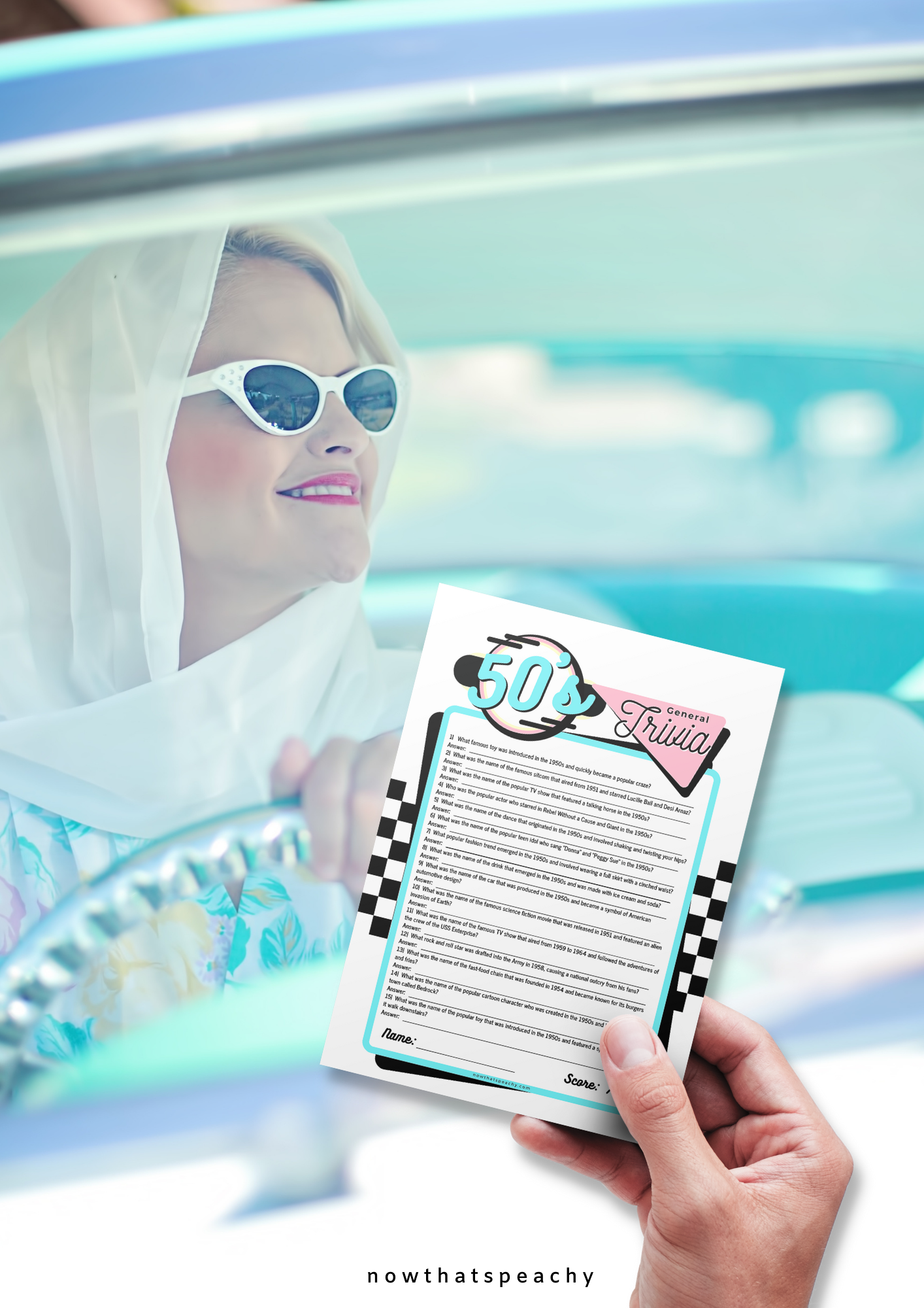 General 1950s Trivia Quiz printable party game, instant digital download sock hop soda diner rocknroll rockabilly fifties themed parties events. fun easy. retro pink aqua blue nostalgic design style vibe, all round general questions answers awards to print off and play nowthatspeachy 