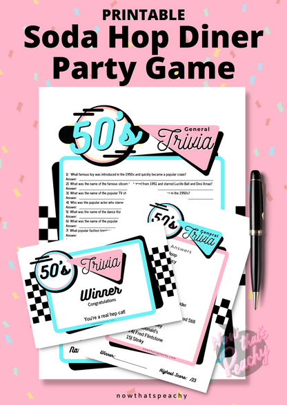 General 1950s Trivia Quiz printable party game, instant digital download sock hop soda diner rocknroll rockabilly fifties themed parties events. fun easy. retro pink aqua blue nostalgic design style vibe, all round general questions answers awards to print off and play nowthatspeachy 