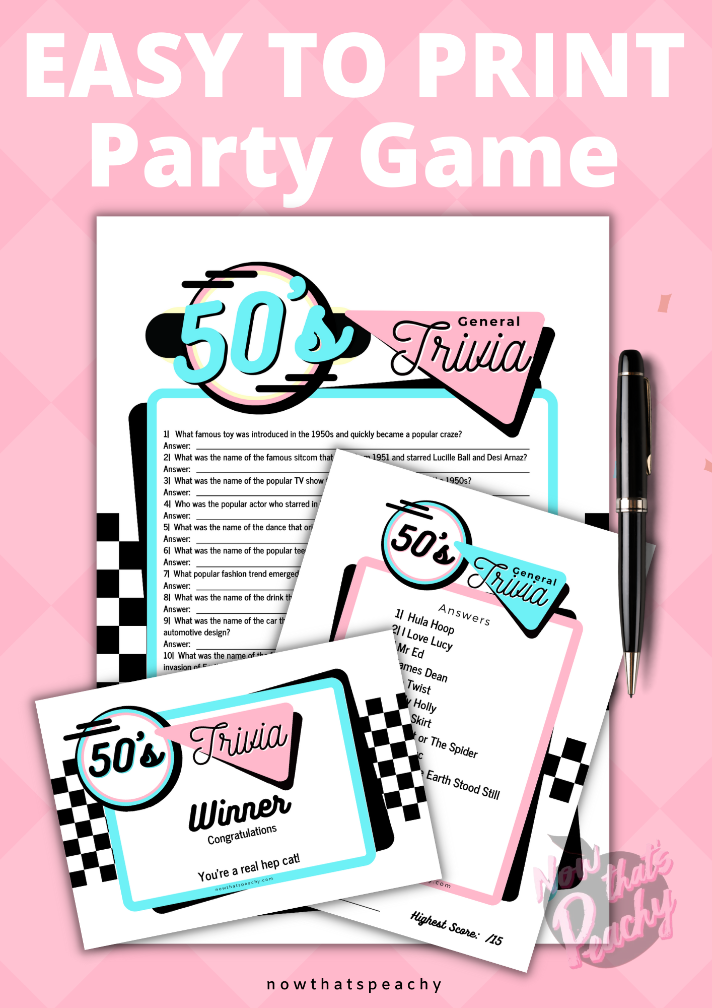 General 1950s Trivia Quiz printable party game, instant digital download sock hop soda diner rocknroll rockabilly fifties themed parties events. fun easy. retro pink aqua blue nostalgic design style vibe, all round general questions answers awards to print off and play nowthatspeachy 