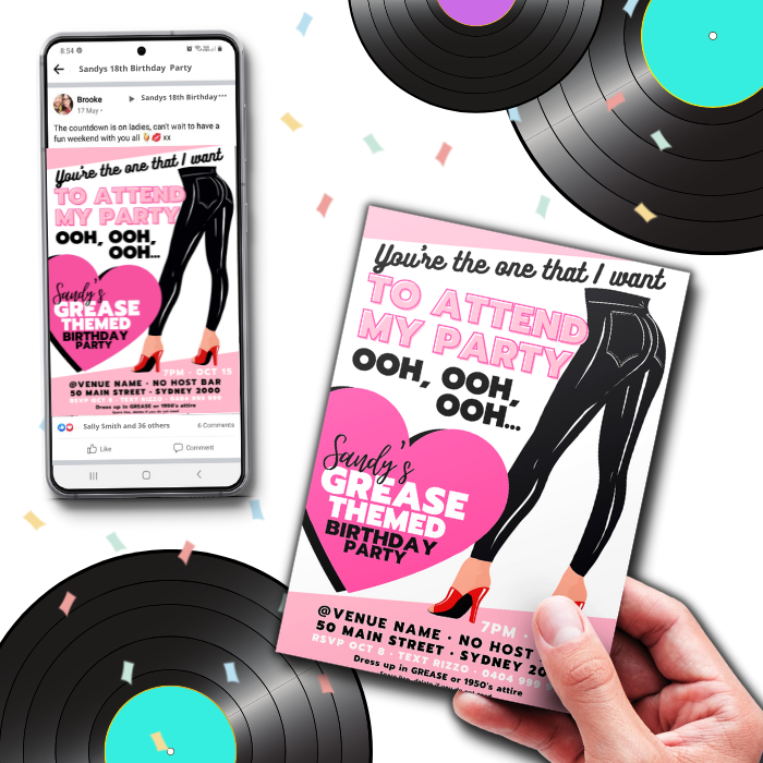 Grease movie party invites invitation games props decor decoration digital diy custom printable print offs musical theme 1950s rocknroll  fifties diner parties event 18th 21st 30th 40th 50th 60th birthday parties idea inspo inspiration Sandy Danny Tbirds Pink Ladies