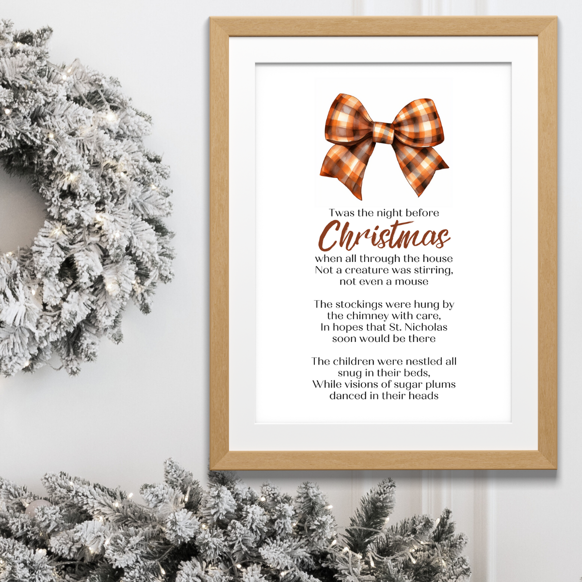 Twas the Night Before Christmas Printable Poster poem in wood frame next to pretty festive wreath for Christmas home Decor in retro Brown Orange Gingham Bow Design