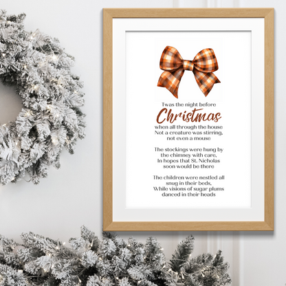 Twas the Night Before Christmas Printable Poster poem in wood frame next to pretty festive wreath for Christmas home Decor in retro Brown Orange Gingham Bow Design