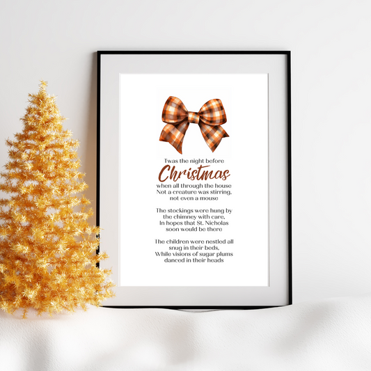 Twas the Night Before Christmas Printable Poster poem in black frame next to pretty festive tree for Christmas home Decor in retro Brown Orange Gingham Bow Design