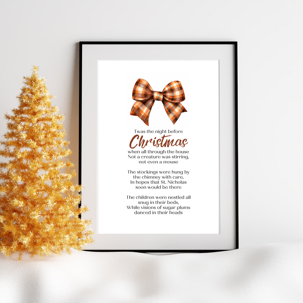 Twas the Night Before Christmas Printable Poster poem in black frame next to pretty festive tree for Christmas home Decor in retro Brown Orange Gingham Bow Design