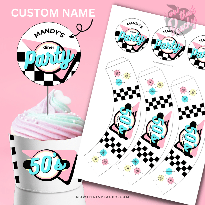 Custom DINER 50's Cupcake Wrapper Topper Party PRINTABLE, Rock'n'roll Sock Hop Retro 1950s Birthday editable decorations Personalized Name
