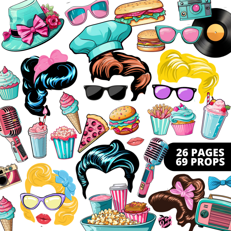 1950s Diner Photo booth PRINTABLES Party Props Sock Hop themed DIY