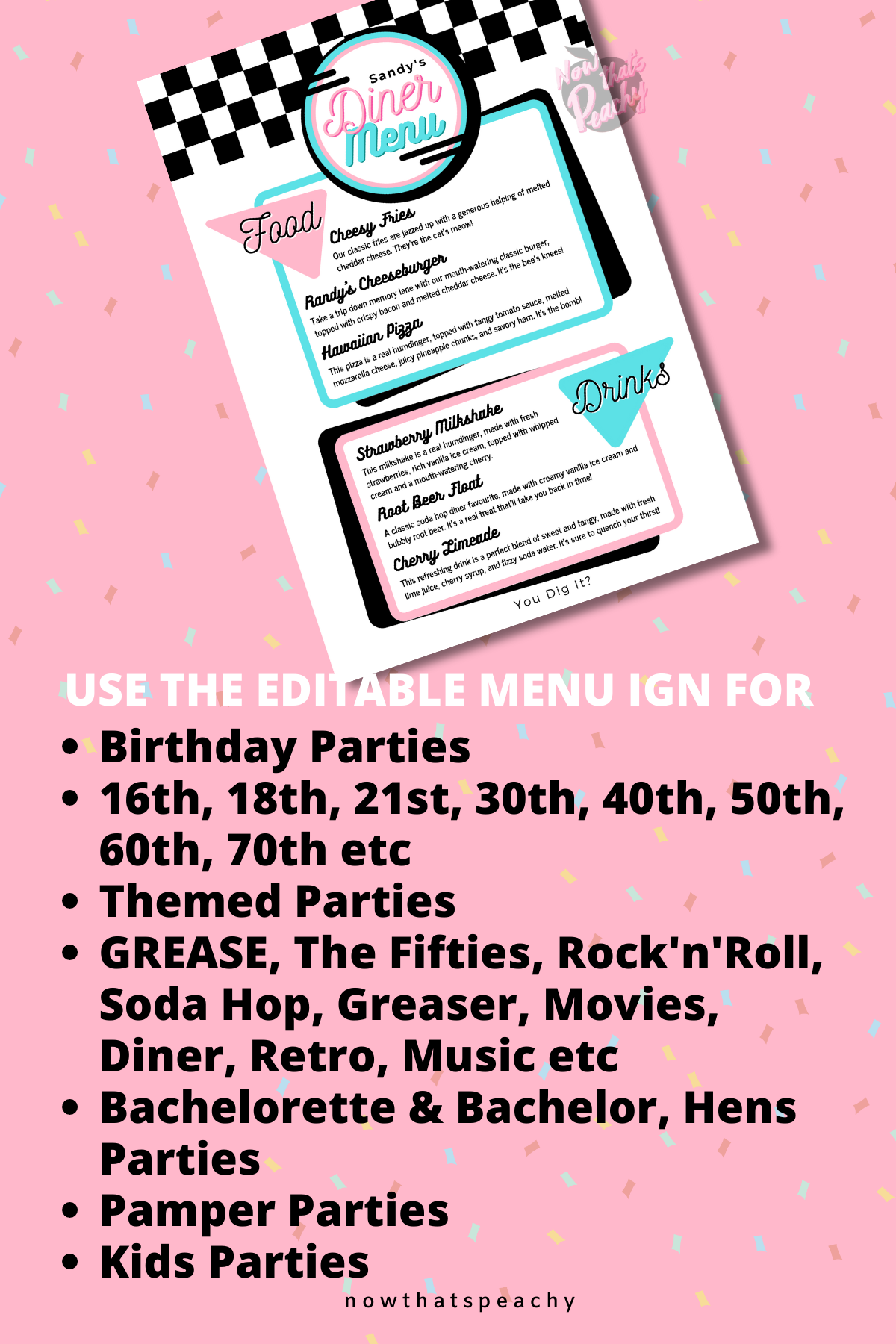 Custom DINER 50's Food Menu Party PRINTABLE, Rock'n'roll Soda Pop Retro 1950s poster Birthday fifties personalised customized editable decorations Grease Sock Hop Route 66 greaser fifties rocknroll themed birthday Canva edit print off digital download