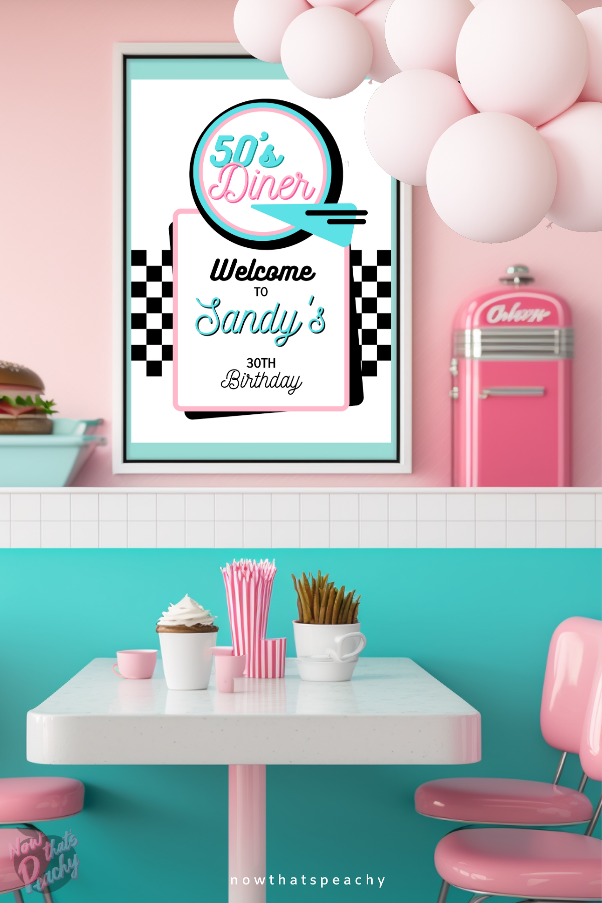 Personalised Welcome Sign Poster Diner, Grease, the 1950s, Soda Hop, Music, Retro or Rock'n'Roll  custom editable Welcome sign decorating instant Digital Download  Diner Soda Hop Welcome Template to Download edit  Print at home.  USE FOR  Birthday Parties 16th, 18th, 21st, 30th, 40th, 50th, 60th, 70th etc Birthday Themed Parties GREASE, The Fifties, Rock'n'Roll, Soda Hop, Greaser, Movies, Diner, Retro, Music etc Bachelorette Hens Parties Ladies,