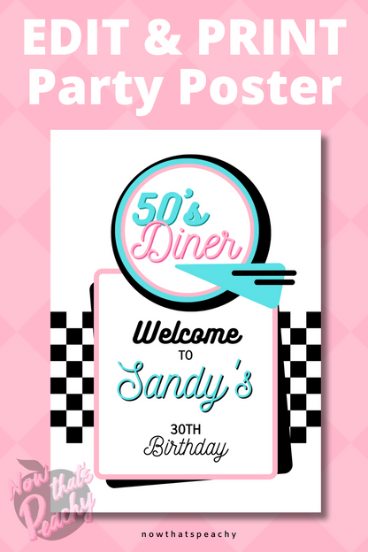 Personalised Welcome Sign Poster Diner, Grease, the 1950s, Soda Hop, Music, Retro or Rock'n'Roll  custom editable Welcome sign decorating instant Digital Download  Diner Soda Hop Welcome Template to Download edit  Print at home.  USE FOR  Birthday Parties 16th, 18th, 21st, 30th, 40th, 50th, 60th, 70th etc Birthday Themed Parties GREASE, The Fifties, Rock'n'Roll, Soda Hop, Greaser, Movies, Diner, Retro, Music etc Bachelorette Hens Parties Ladies,