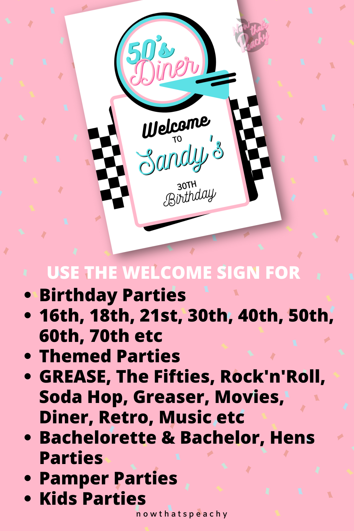 Personalised Welcome Sign Poster Diner, Grease, the 1950s, Soda Hop, Music, Retro or Rock'n'Roll  custom editable Welcome sign decorating instant Digital Download  Diner Soda Hop Welcome Template to Download edit  Print at home.  USE FOR  Birthday Parties 16th, 18th, 21st, 30th, 40th, 50th, 60th, 70th etc Birthday Themed Parties GREASE, The Fifties, Rock'n'Roll, Soda Hop, Greaser, Movies, Diner, Retro, Music etc Bachelorette Hens Parties Ladies,