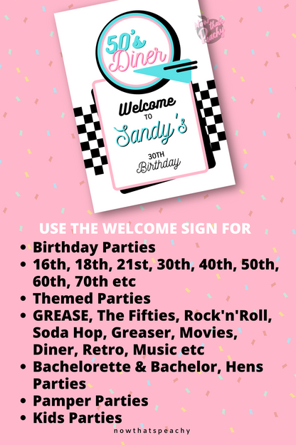 Personalised Welcome Sign Poster Diner, Grease, the 1950s, Soda Hop, Music, Retro or Rock'n'Roll  custom editable Welcome sign decorating instant Digital Download  Diner Soda Hop Welcome Template to Download edit  Print at home.  USE FOR  Birthday Parties 16th, 18th, 21st, 30th, 40th, 50th, 60th, 70th etc Birthday Themed Parties GREASE, The Fifties, Rock'n'Roll, Soda Hop, Greaser, Movies, Diner, Retro, Music etc Bachelorette Hens Parties Ladies,