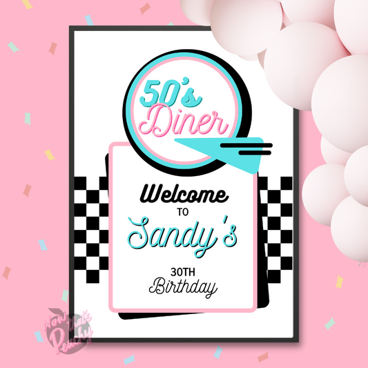 Custom DINER 50's Welcome Sign Party PRINTABLE, Rock'n'roll Soda Pop Retro 1950s poster Birthday fifties Sock Hop Route 66 decorations Instant Digital Downloads cheap print off parties, free to edit in canva personalized easy design