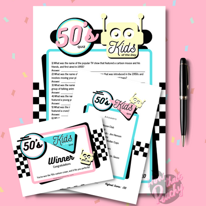 1950's Kids of the Day Trivia Quiz Game Party PRINTABLE, for Rock'n'roll Sock Hop Retro Birthday fifties parties. This delightful game is designed to evoke nostalgia and memories of your childhood years, making it perfect for adults who want to relive the magic of being a kid in the '50s. With 10 carefully crafted questions, our trivia quiz covers a wide range of topics that were popular among kids during that era. From beloved TV shows and iconic toys to memorable movies