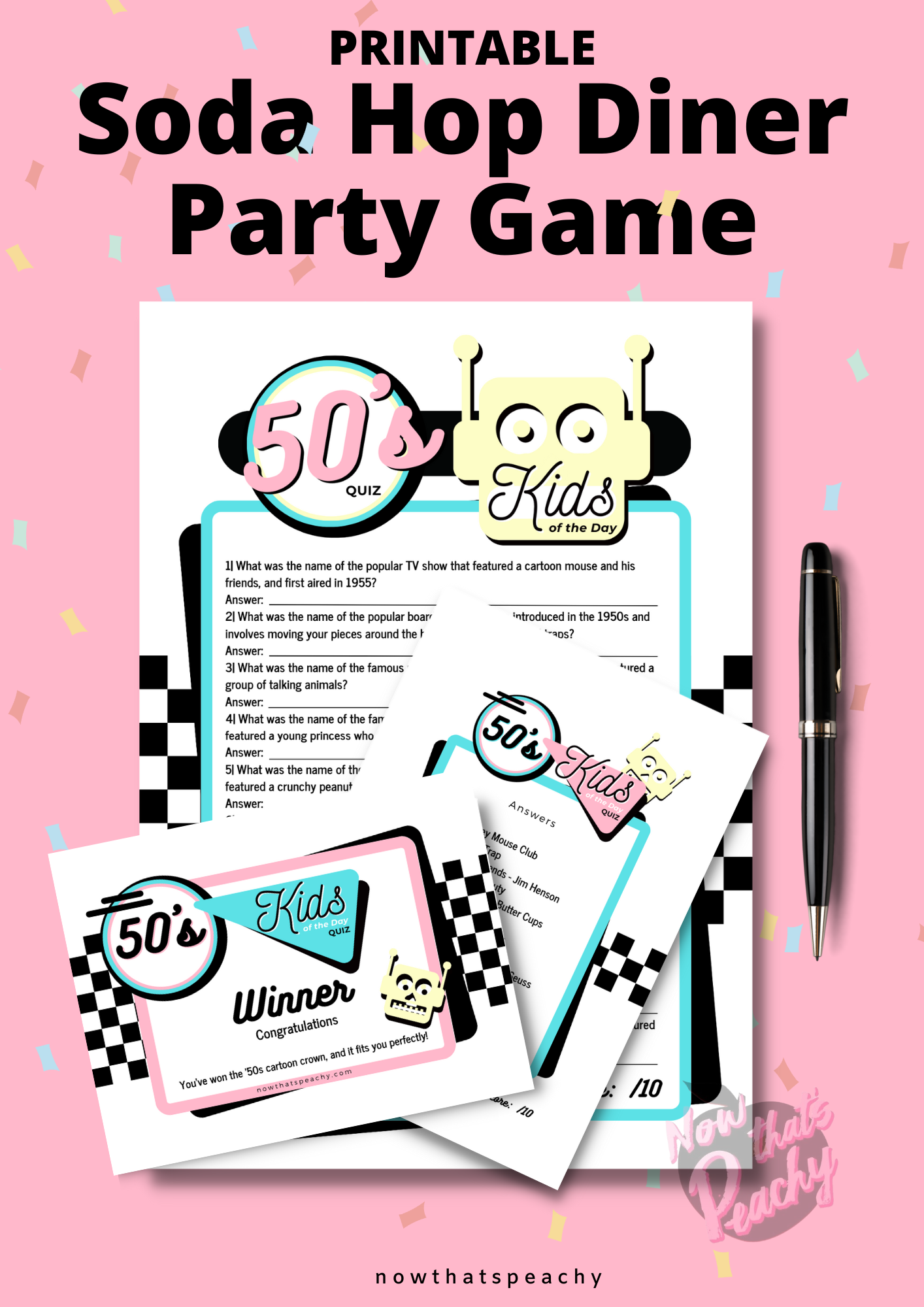 1950's Kids of the Day Trivia Quiz Game Party PRINTABLE, for Rock'n'roll Sock Hop Retro Birthday fifties parties. This delightful game is designed to evoke nostalgia and memories of your childhood years, making it perfect for adults who want to relive the magic of being a kid in the '50s. With 10 carefully crafted questions, our trivia quiz covers a wide range of topics that were popular among kids during that era. From beloved TV shows and iconic toys to memorable movies