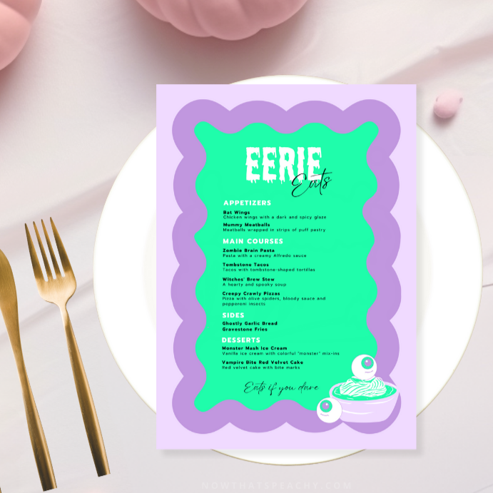 Halloween Wavy Food Menu poster Editable Party Menu Card Printable, Wave Treats Template