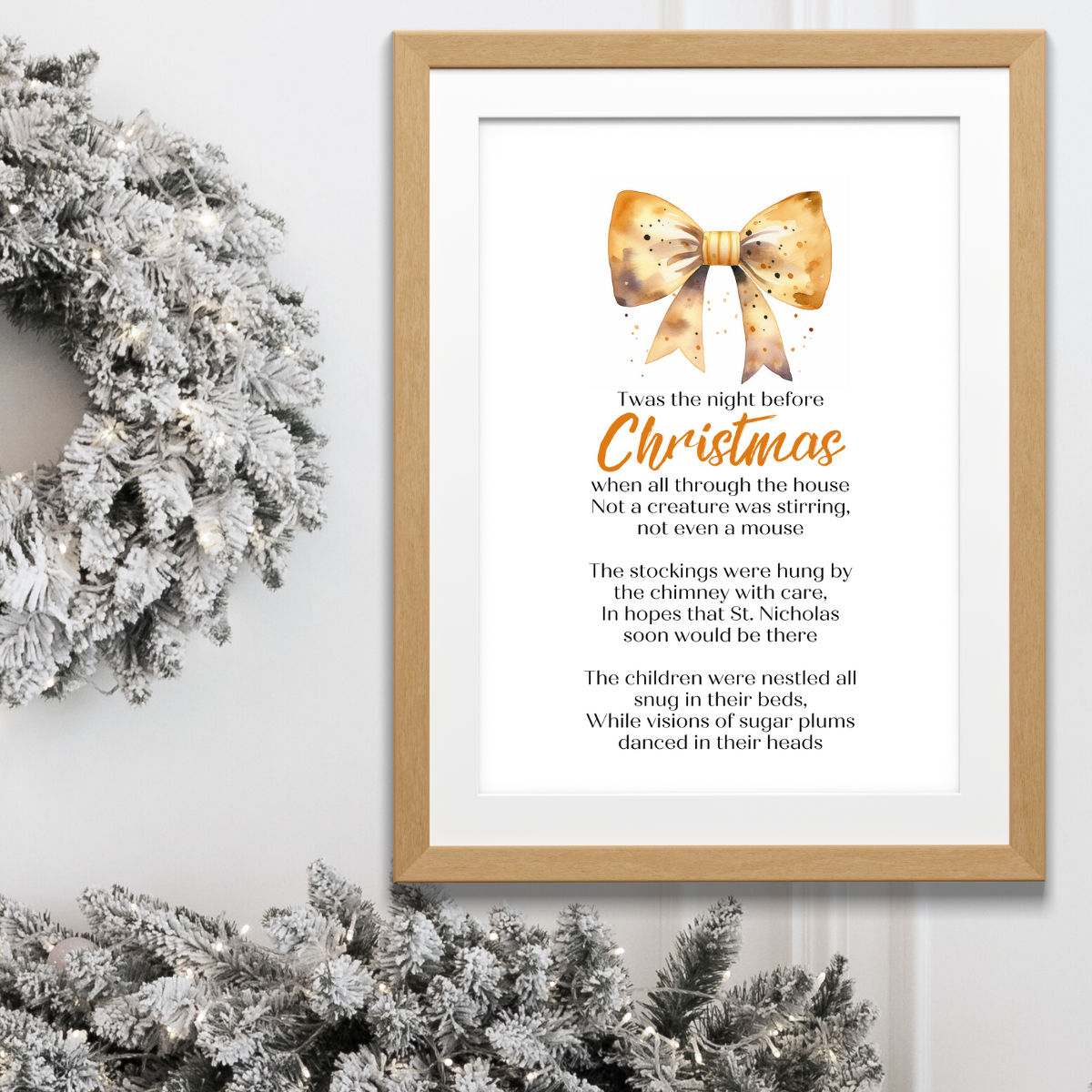 Twas the Night Before Christmas Printable Poster poem in black frame next to pretty festive tree for Christmas home Decor in gold watercolor  Bow Design