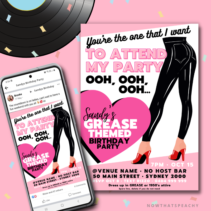 Grease Movie Editable party invite easy to edit in canva custom 1950s fifties 50's printable template digital instant download edit Danny Sandy T-birds Pink Ladies invite soda hop jukebox rockabilly rock'n'roll musical movie design pink black white modern color fun themed birthday event