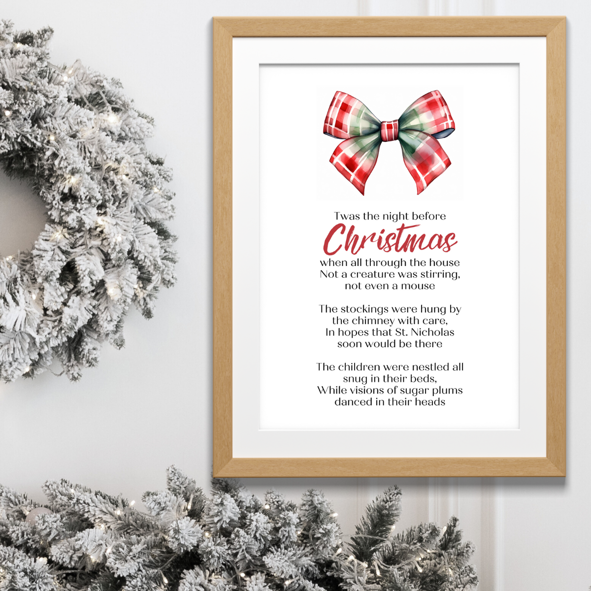 Twas the Night Before Christmas Printable Poster poem in wood frame next to pretty festive wreath for Christmas home Decor in classic traditional red green tartan check Bow Design