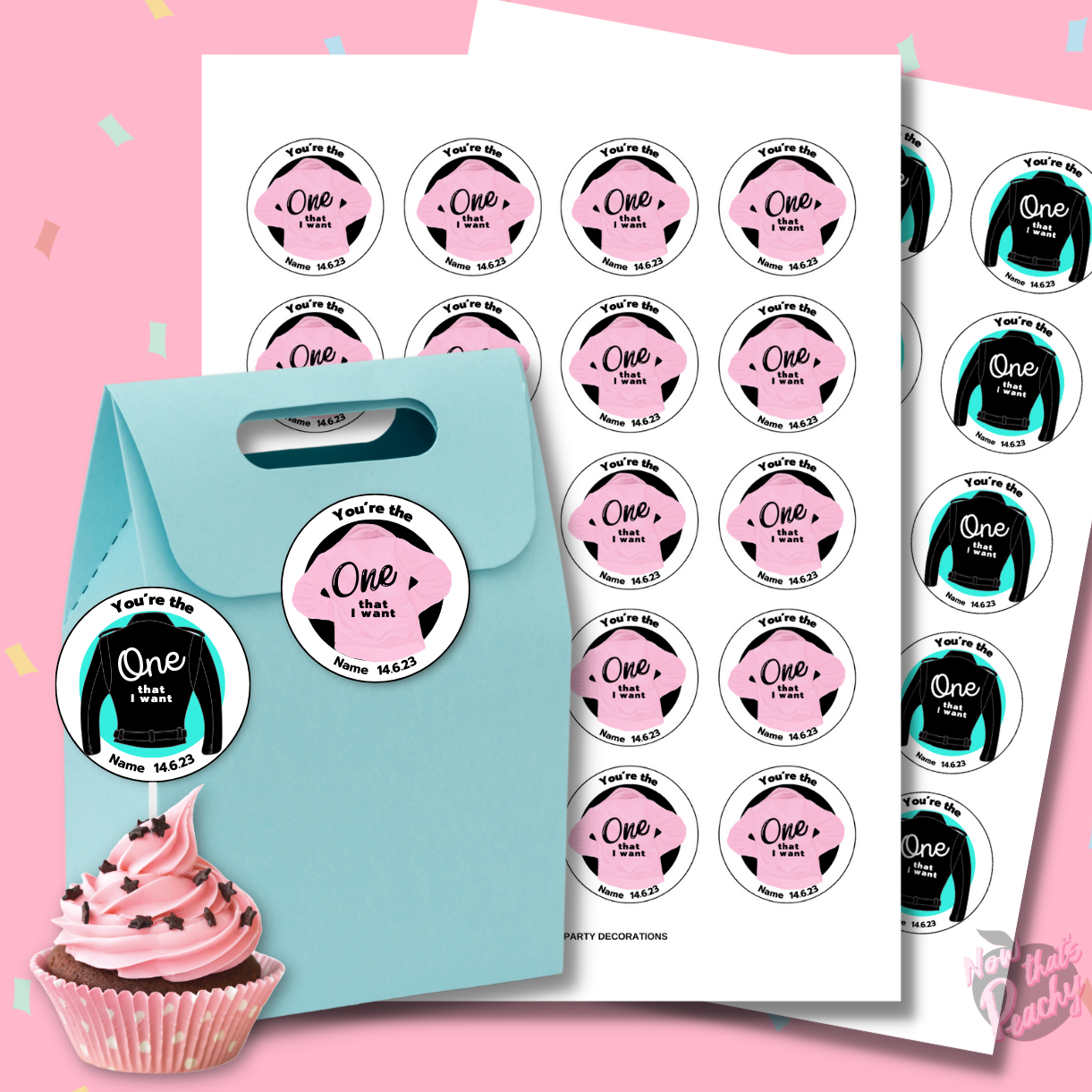 1st B'day Grease Favor Sticker circles PRINTABLE Pink Ladies T-birds Party decor tags labels cake topper DIY 50s themed ONE Birthday greaser Rock'n'roll Sock Hop Retro 50s fifties Soda hop Jukebox instant digital download