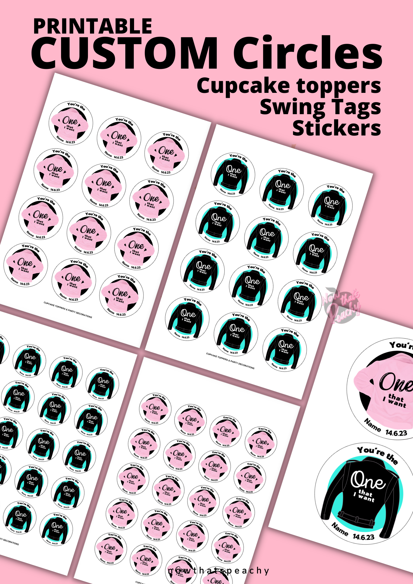 1st B'day Grease Favor Sticker circles PRINTABLE Pink Ladies T-birds Party decor tags labels cake topper DIY 50s themed ONE Birthday greaser Rock'n'roll Sock Hop Retro 50s fifties Soda hop Jukebox instant digital download